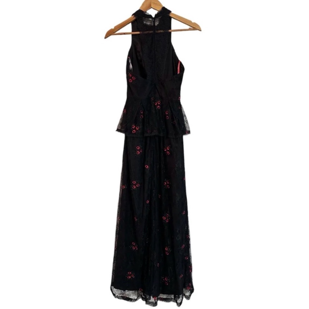 ML Monique Lhuillier Black Lace Maxi Dress with Embroidery Red Roses size 8 - Picture 3 of 12